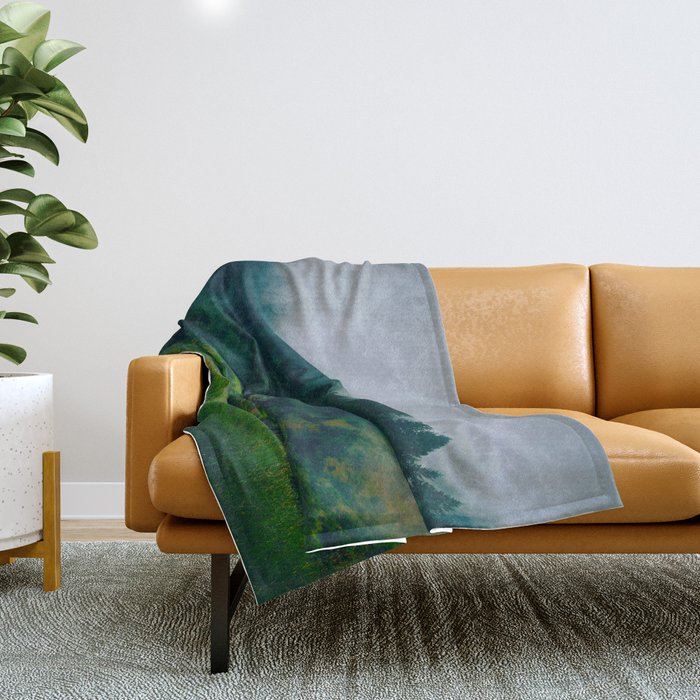 Moist Rainy Forest Pine Trees  Green Hills Throw Blanket Gallery Image 1