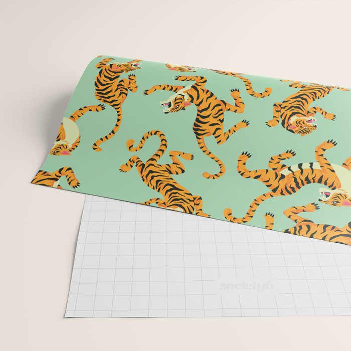 Mint Green Roaring Tiger Pattern Wrapping Paper Gallery Image 2