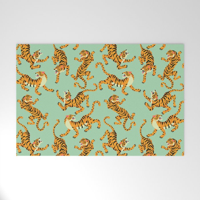 Mint Green Roaring Tiger Pattern Welcome Mat Gallery Image 1