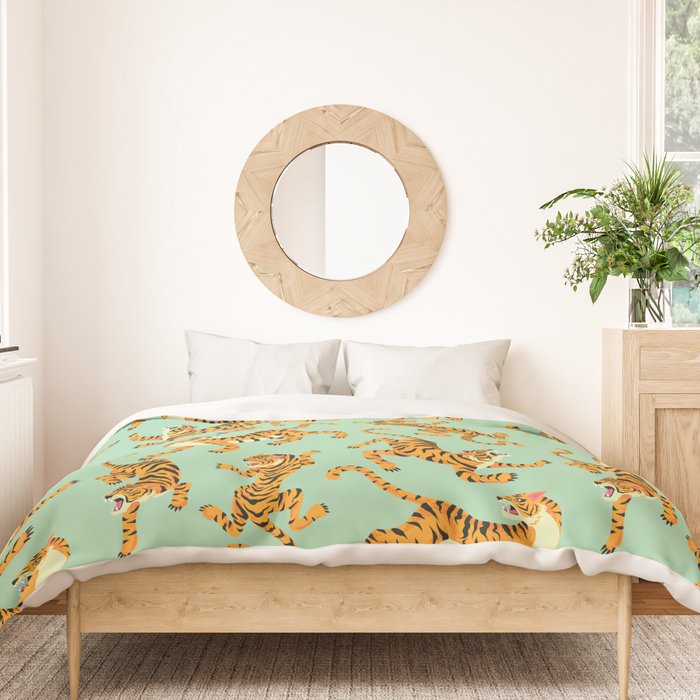 Mint Green Roaring Tiger Pattern Duvet Cover Gallery Image 3