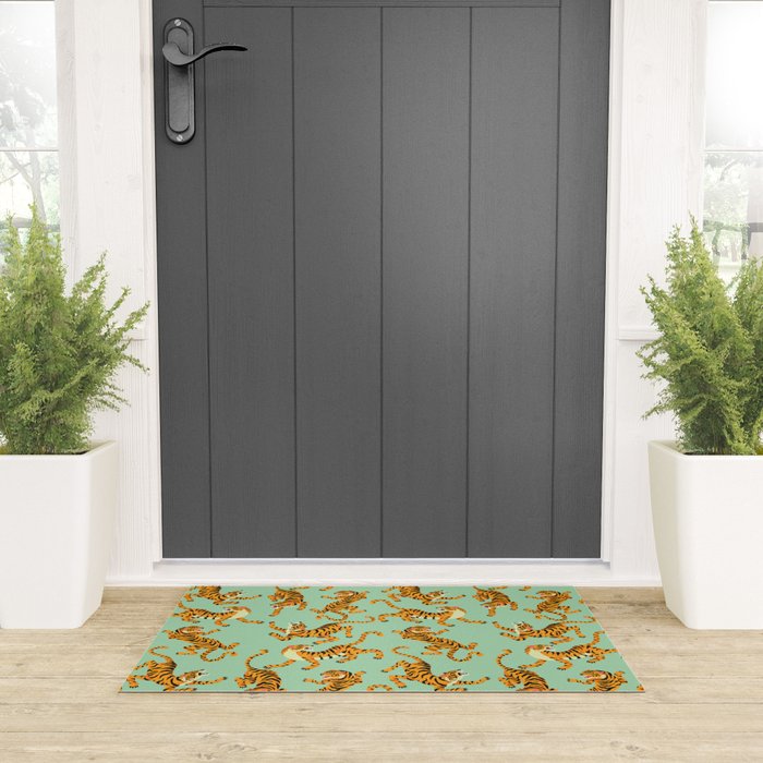 Mint Green Roaring Tiger Pattern Welcome Mat Gallery Image 3