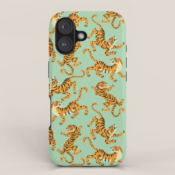 Mint Green Roaring Tiger Pattern iPhone Case Gallery Image 1