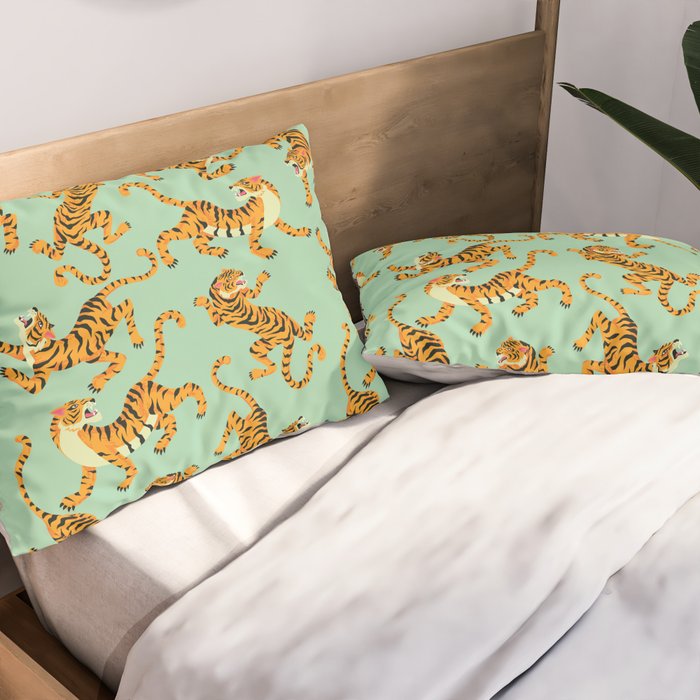 Mint Green Roaring Tiger Pattern Pillow Sham Gallery Image 2