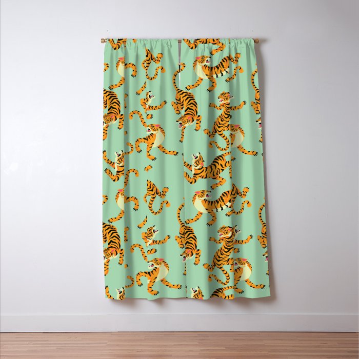 Mint Green Roaring Tiger Pattern Window Curtain Gallery Image 3