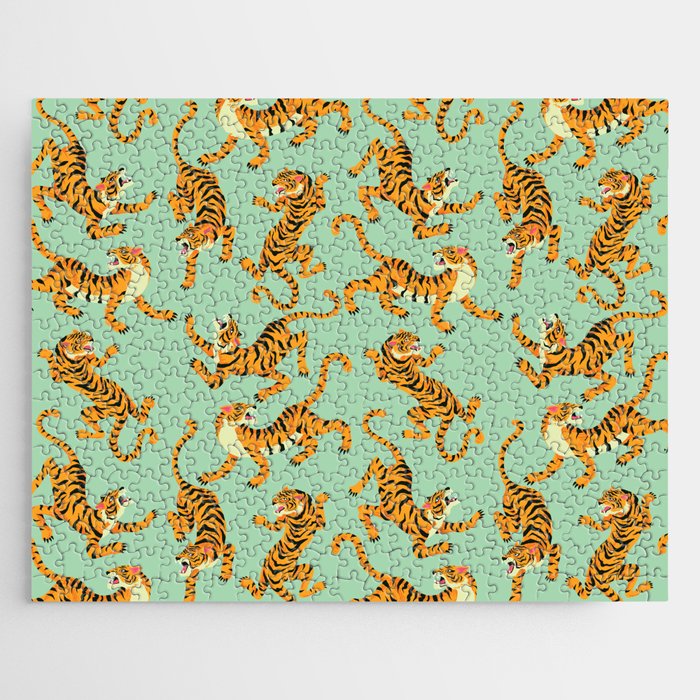 Mint Green Roaring Tiger Pattern Jigsaw Puzzle Gallery Image 1