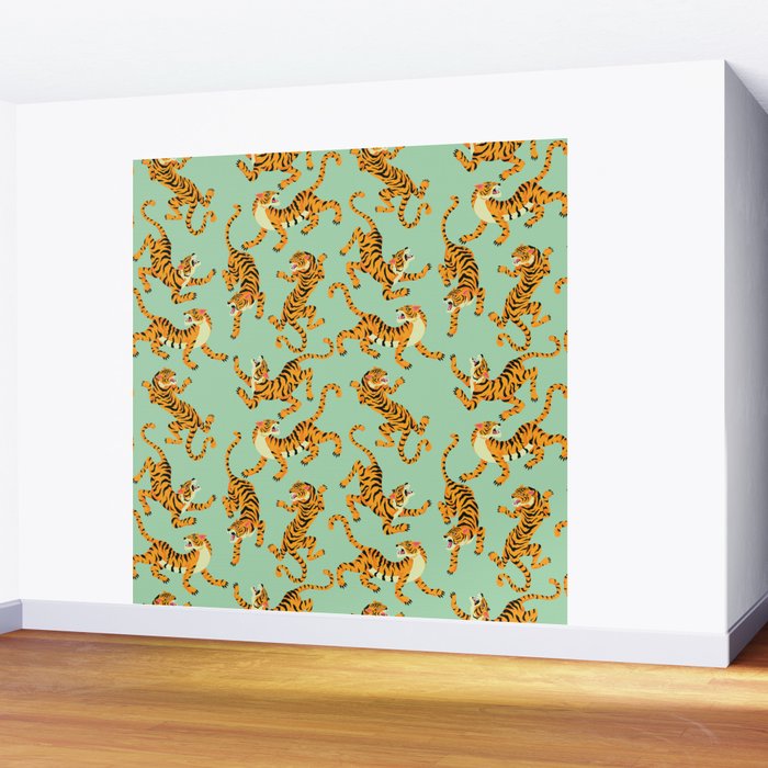 Mint Green Roaring Tiger Pattern Wall Mural Gallery Image 2