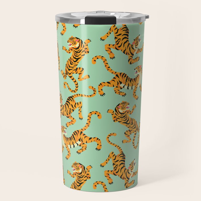 Mint Green Roaring Tiger Pattern Travel Mug Gallery Image 1