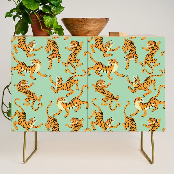 Mint Green Roaring Tiger Pattern Credenza Gallery Image 1