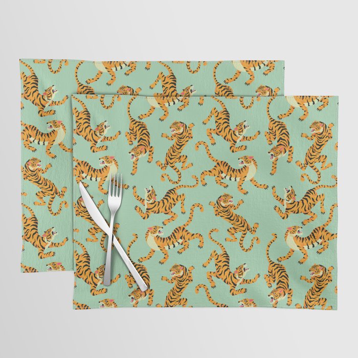 Mint Green Roaring Tiger Pattern Placemat Gallery Image 1