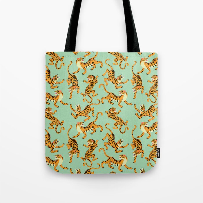 Mint Green Roaring Tiger Pattern Tote Bag Gallery Image 1