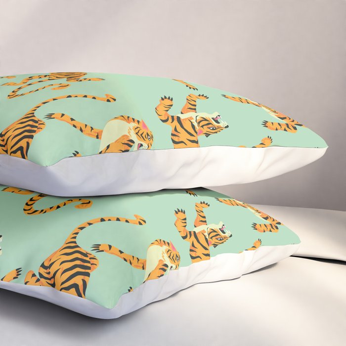 Mint Green Roaring Tiger Pattern Pillow Sham Gallery Image 3