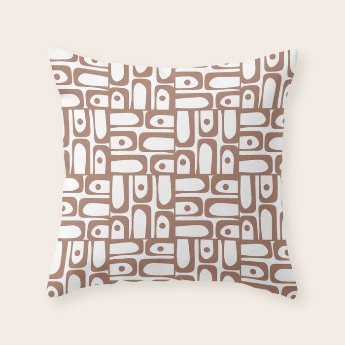 Mid Century Modern Piquet Abstract Multi Geometric Pattern in Mocha and White Throw Pillow Gallery Image 1