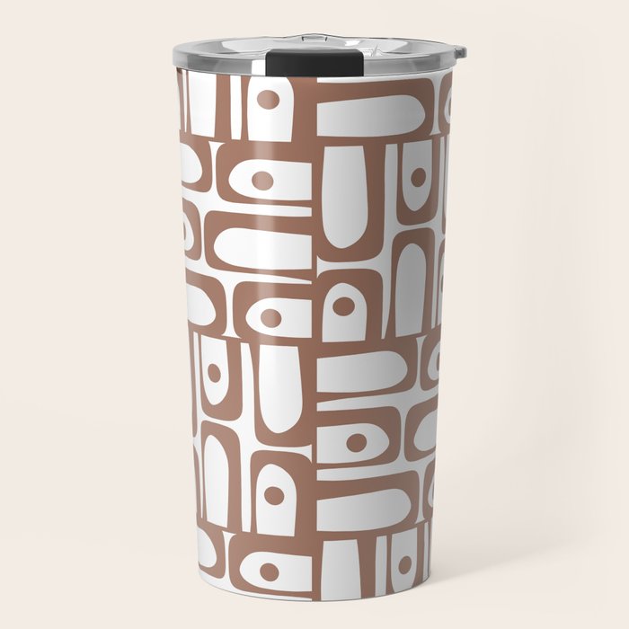 Mid Century Modern Piquet Abstract Multi Geometric Pattern in Mocha and White Travel Mug Gallery Image 1