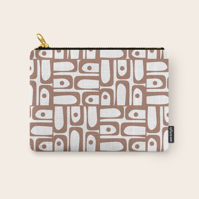 Mid Century Modern Piquet Abstract Multi Geometric Pattern in Mocha and White Carry All Pouch Gallery Image 1