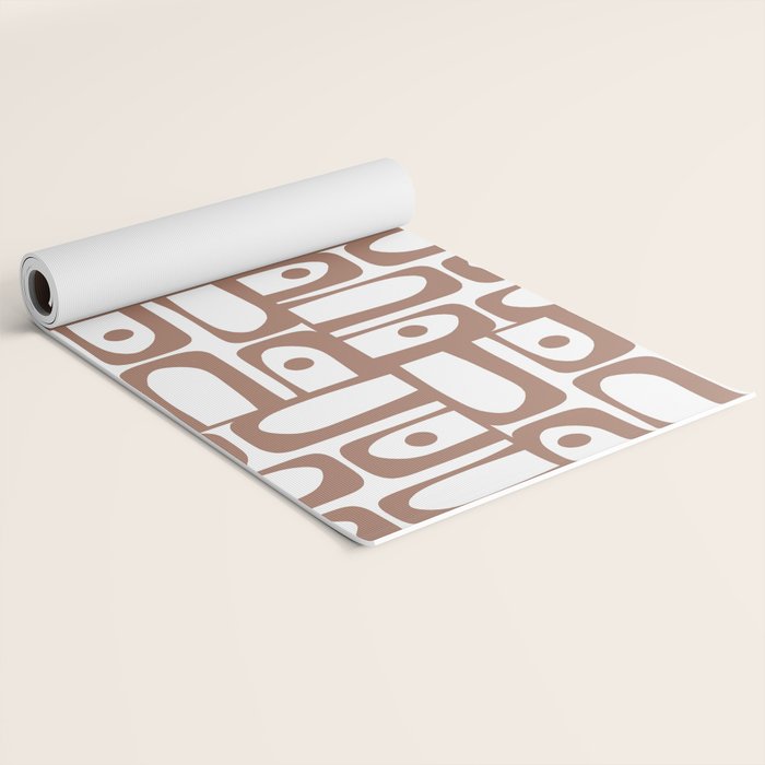 Mid Century Modern Piquet Abstract Multi Geometric Pattern in Mocha and White Yoga Mat Gallery Image 2