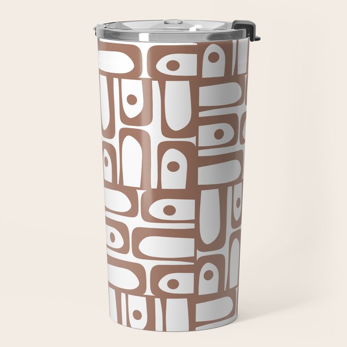 Mid Century Modern Piquet Abstract Multi Geometric Pattern in Mocha and White Travel Mug Gallery Image 2