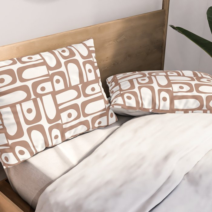 Mid Century Modern Piquet Abstract Multi Geometric Pattern in Mocha and White Pillow Sham Gallery Image 2
