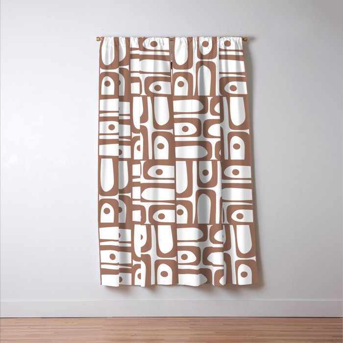 Mid Century Modern Piquet Abstract Multi Geometric Pattern in Mocha and White Window Curtain Gallery Image 3