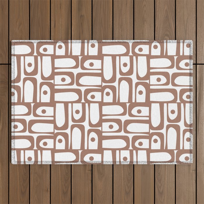 Mid Century Modern Piquet Abstract Multi Geometric Pattern in Mocha and White Outdoor Rug Gallery Image 1
