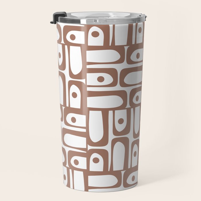 Mid Century Modern Piquet Abstract Multi Geometric Pattern in Mocha and White Travel Mug Gallery Image 3