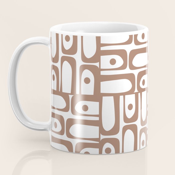 Mid Century Modern Piquet Abstract Multi Geometric Pattern in Mocha and White Coffee Mug Gallery Image 3
