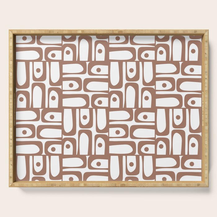 Mid Century Modern Piquet Abstract Multi Geometric Pattern in Mocha and White Serving Tray Gallery Image 1