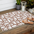 Mid Century Modern Piquet Abstract Multi Geometric Pattern in Mocha and White Outdoor Rug Gallery Image 2