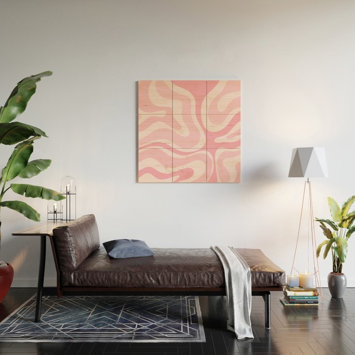 Modern Retro Liquid Swirl Abstract in Pretty Pastel Pink Wood Wall Art Gallery Image 2