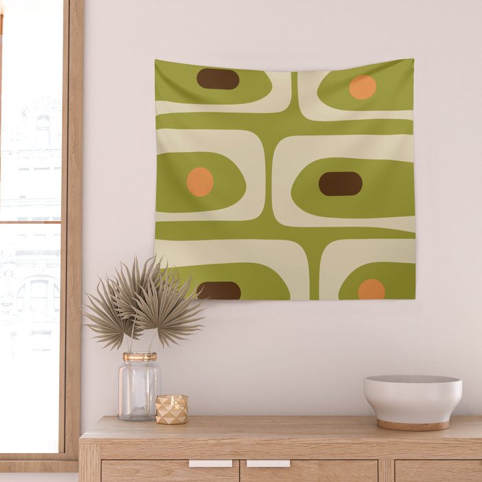 Piquet Mid Century Modern Pattern Avocado Green Orange Beige Wall Tapestry Gallery Image 2
