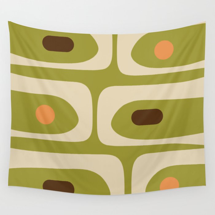 Piquet Mid Century Modern Pattern Avocado Green Orange Beige Wall Tapestry Gallery Image 1