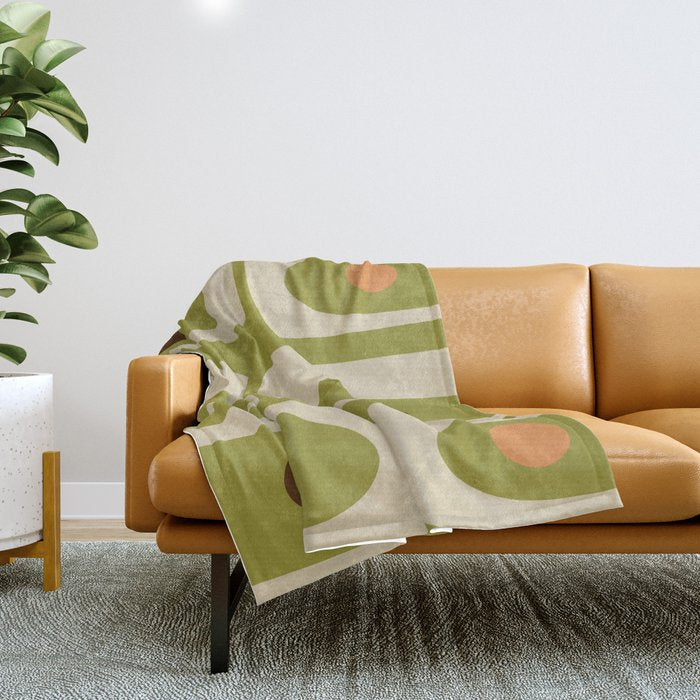 Piquet Mid Century Modern Pattern Avocado Green Orange Beige Throw Blanket Gallery Image 1