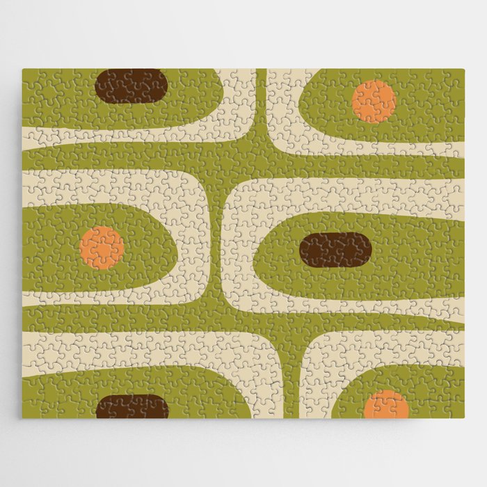 Piquet Mid Century Modern Pattern Avocado Green Orange Beige Jigsaw Puzzle Gallery Image 1
