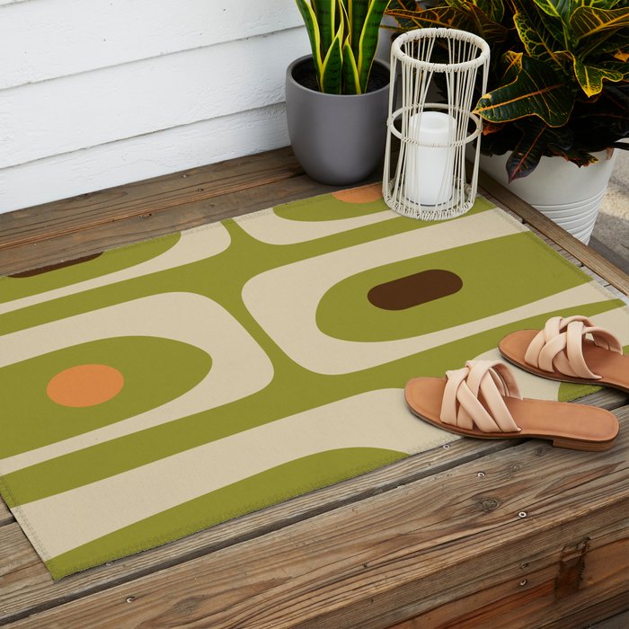 Piquet Mid Century Modern Pattern Avocado Green Orange Beige Outdoor Rug Gallery Image 2