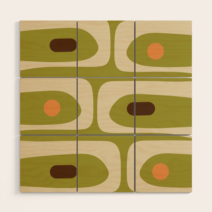 Piquet Mid Century Modern Pattern Avocado Green Orange Beige Wood Wall Art Gallery Image 1