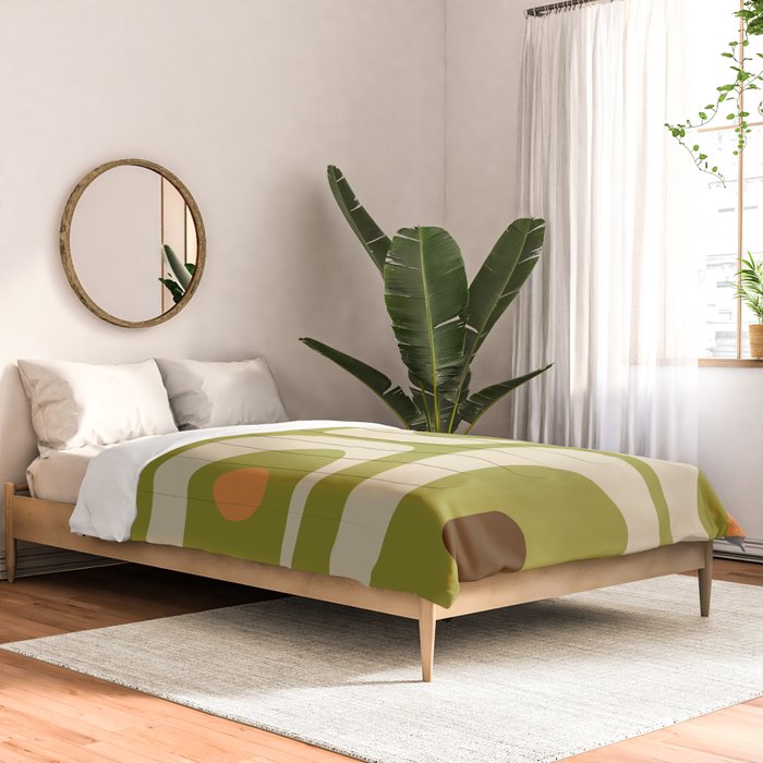 Piquet Mid Century Modern Pattern Avocado Green Orange Beige Comforter Gallery Image 2