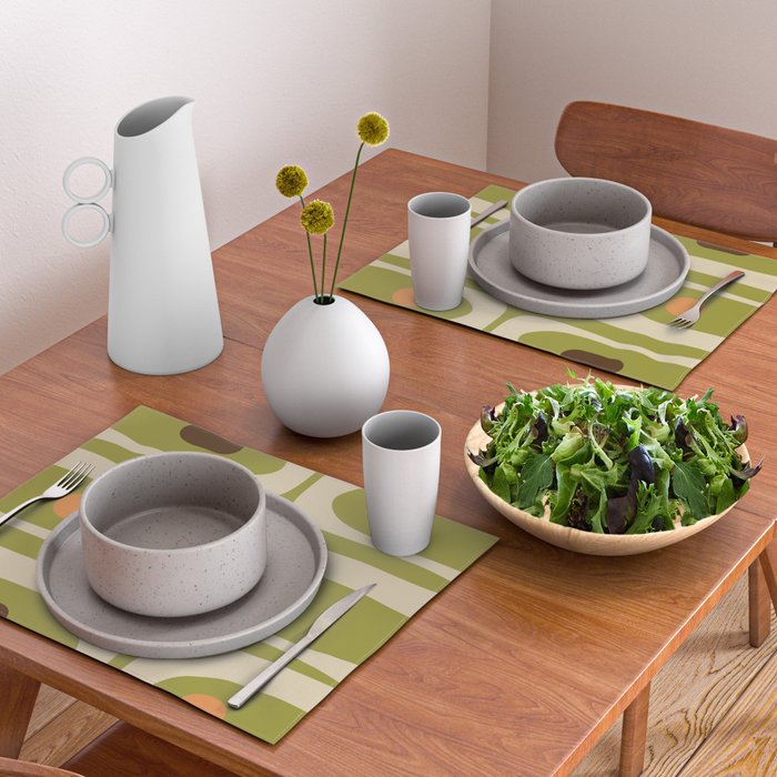 Piquet Mid Century Modern Pattern Avocado Green Orange Beige Placemat Gallery Image 2