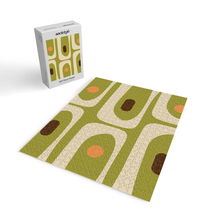 Piquet Mid Century Modern Pattern Avocado Green Orange Beige Jigsaw Puzzle Gallery Image 2