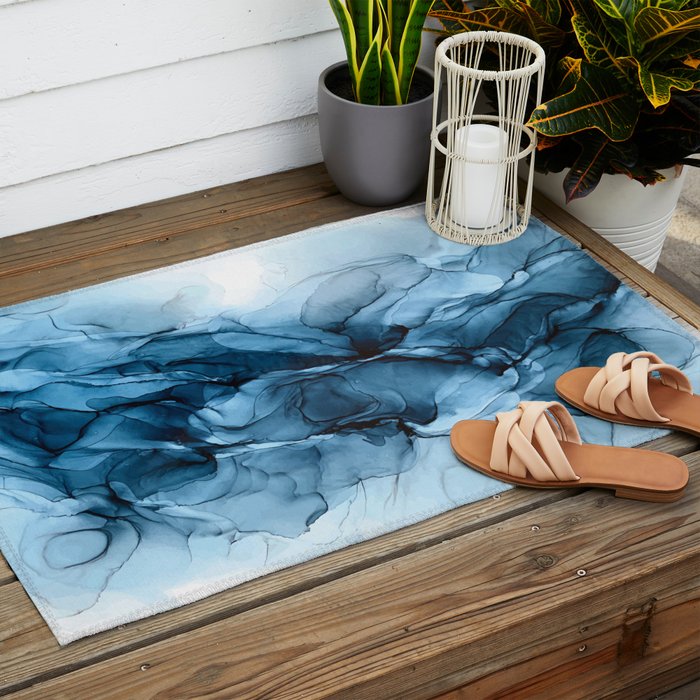 Deep Blue Flowing Water Abstract Painting Outdoor Rug Gallery Image 2
