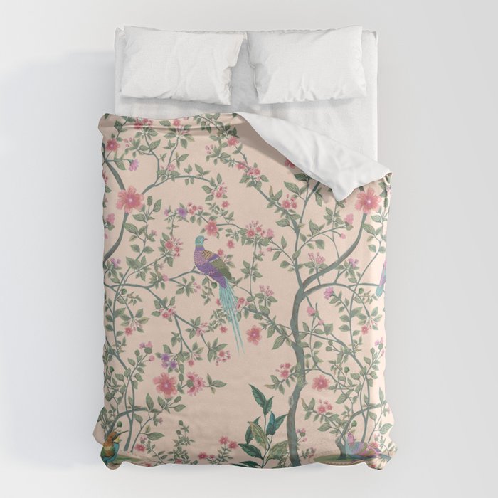 Chinoiserie Peach Fresco Floral Garden Birds Oriental Botanical Duvet Cover Gallery Image 6