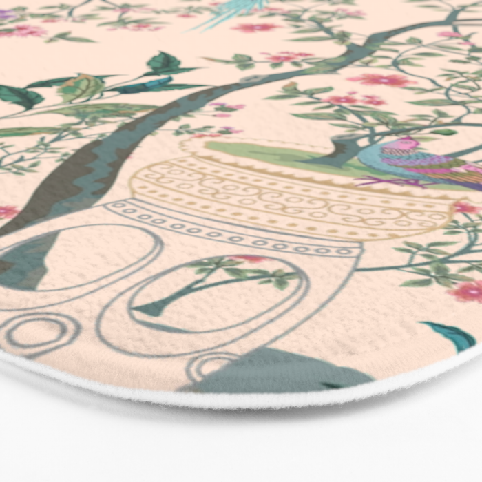 Chinoiserie Peach Fresco Floral Garden Birds Oriental Botanical Bath Mat Gallery Image 3