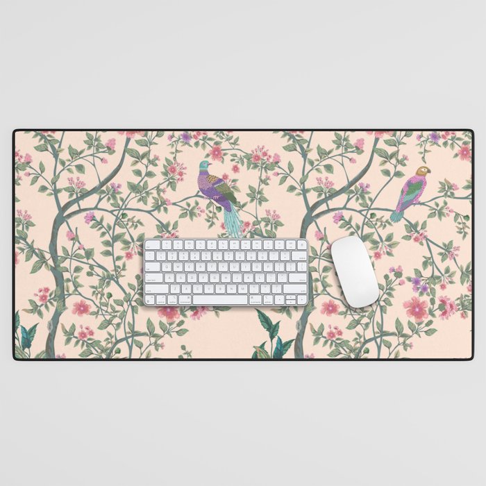 Chinoiserie Peach Fresco Floral Garden Birds Oriental Botanical Desk Mat Gallery Image 1