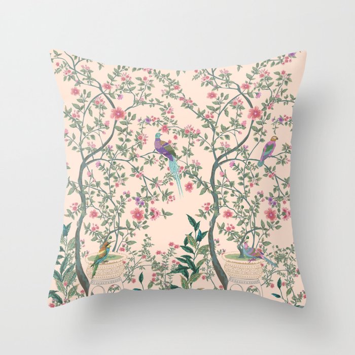 Chinoiserie Peach Fresco Floral Garden Birds Oriental Botanical Throw Pillow Gallery Image 6