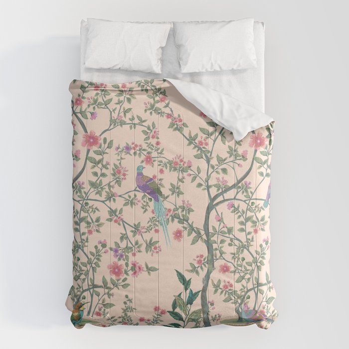 Chinoiserie Peach Fresco Floral Garden Birds Oriental Botanical Comforter Gallery Image 6