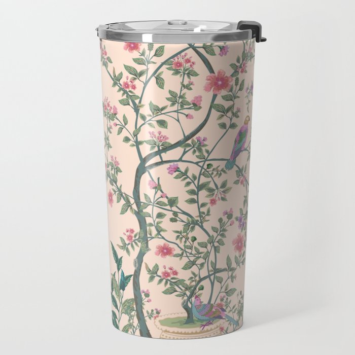 Chinoiserie Peach Fresco Floral Garden Birds Oriental Botanical Travel Mug Gallery Image 2