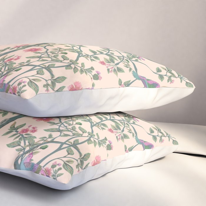 Chinoiserie Peach Fresco Floral Garden Birds Oriental Botanical Pillow Sham Gallery Image 3
