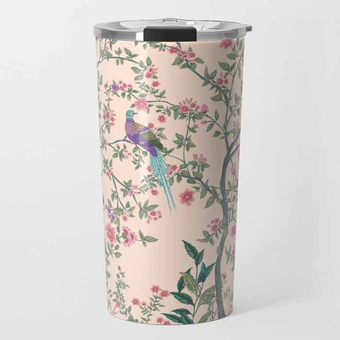 Chinoiserie Peach Fresco Floral Garden Birds Oriental Botanical Travel Mug Gallery Image 1