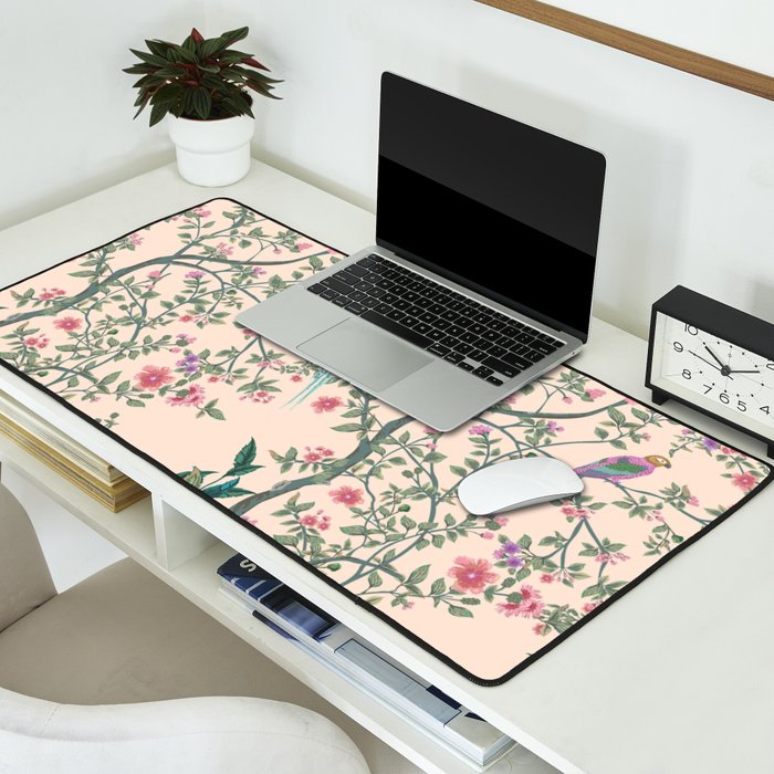 Chinoiserie Peach Fresco Floral Garden Birds Oriental Botanical Desk Mat Gallery Image 2