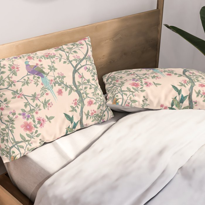 Chinoiserie Peach Fresco Floral Garden Birds Oriental Botanical Pillow Sham Gallery Image 2
