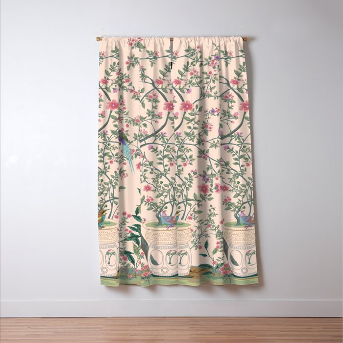 Chinoiserie Peach Fresco Floral Garden Birds Oriental Botanical Window Curtain Gallery Image 3