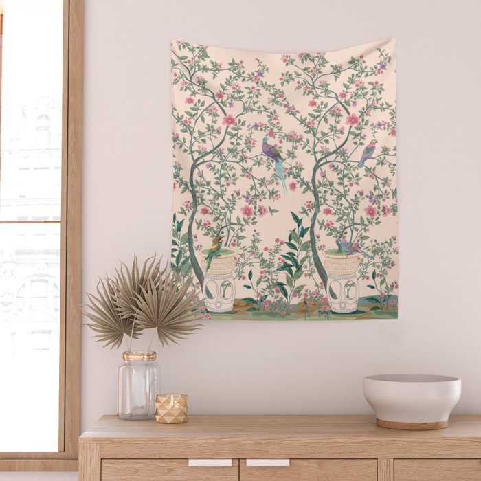 Chinoiserie Peach Fresco Floral Garden Birds Oriental Botanical Wall Tapestry Gallery Image 2
